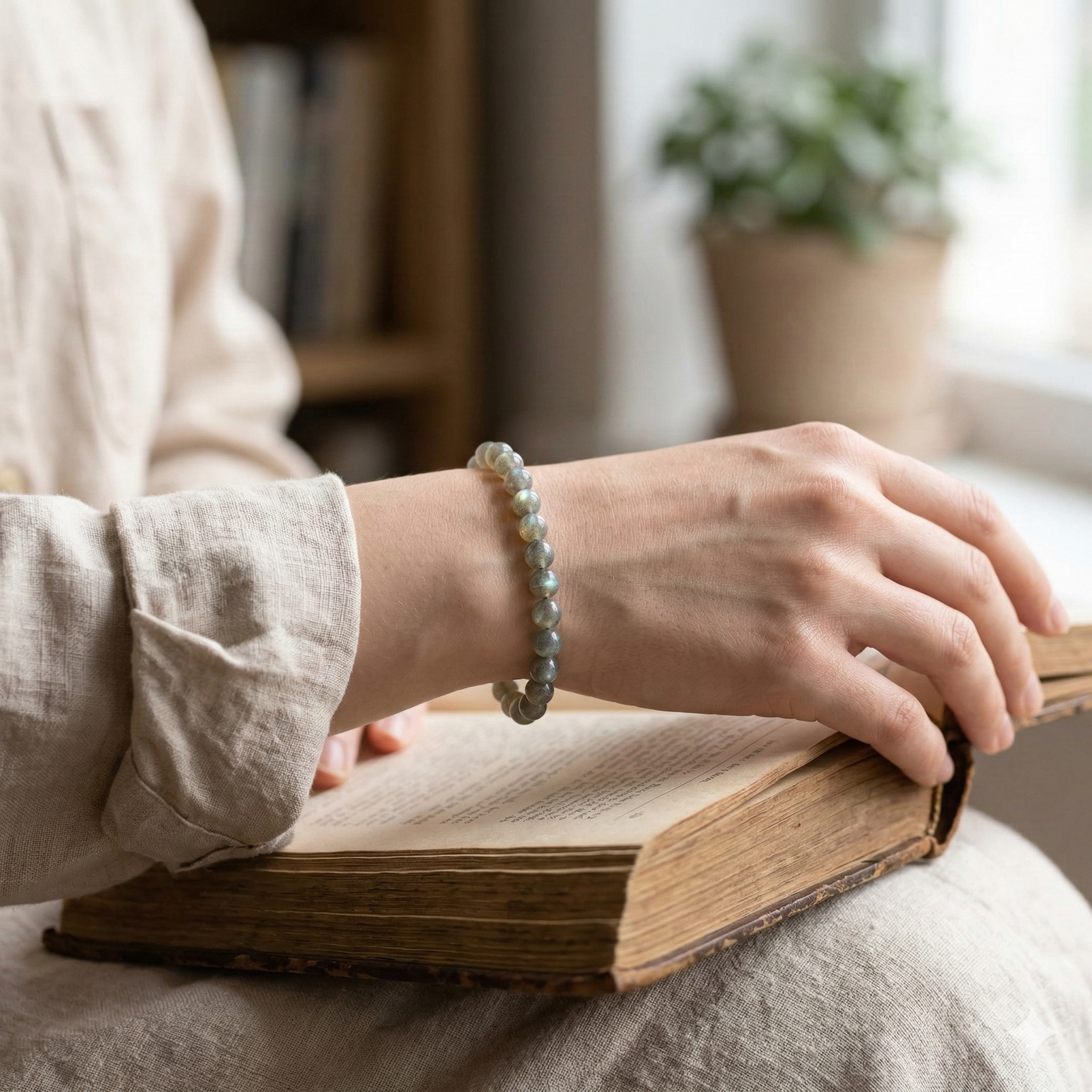 Bracelet labradorite porte au poignet pierre irisee naturelle