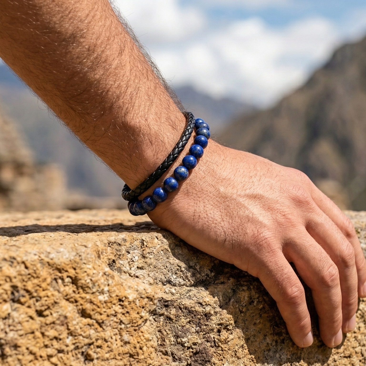 Bracelet lapis-lazuli porte au poignet pierre bleue naturelle