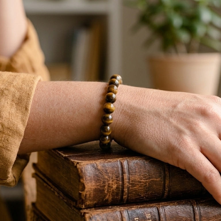 Bracelet oeil de tigre porte au poignet pierre doree naturelle
