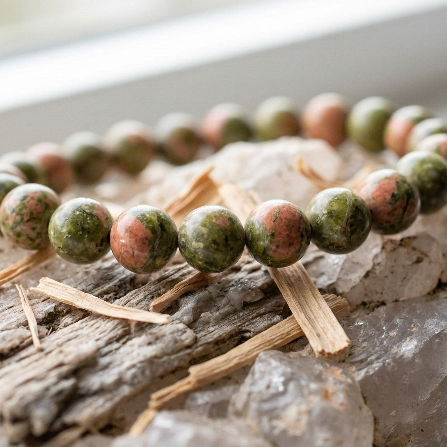 Bracelet unakite detail perles 8mm polies a la main