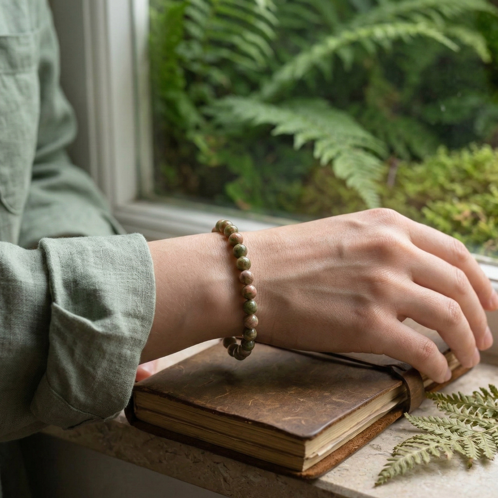 Bracelet unakite porte au poignet pierre verte et rose naturelle