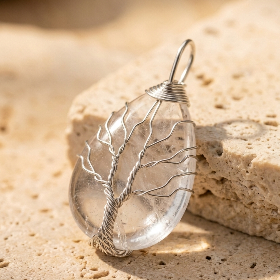 Collier arbre de vie cristal de roche goutte fil argente sur pierre - lithotherapie
