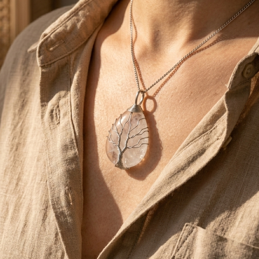 Collier arbre de vie cristal de roche porte au cou - bijou femme lithotherapie