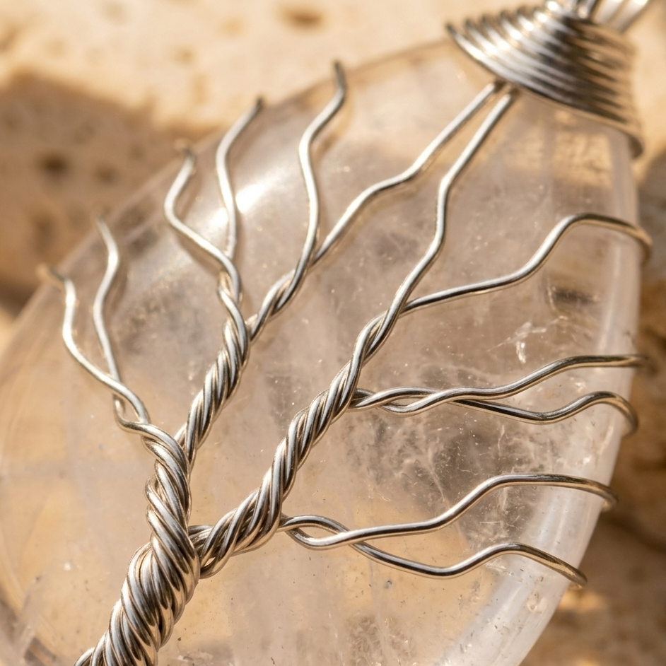Collier arbre de vie cristal de roche detail fil argente macro - artisanal