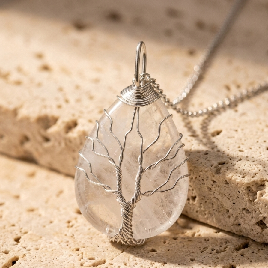 Collier arbre de vie cristal de roche pendentif goutte chaine argentee - pierre naturelle