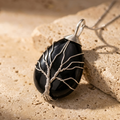 Collier arbre de vie obsidienne noire goutte fil argente sur pierre - lithotherapie