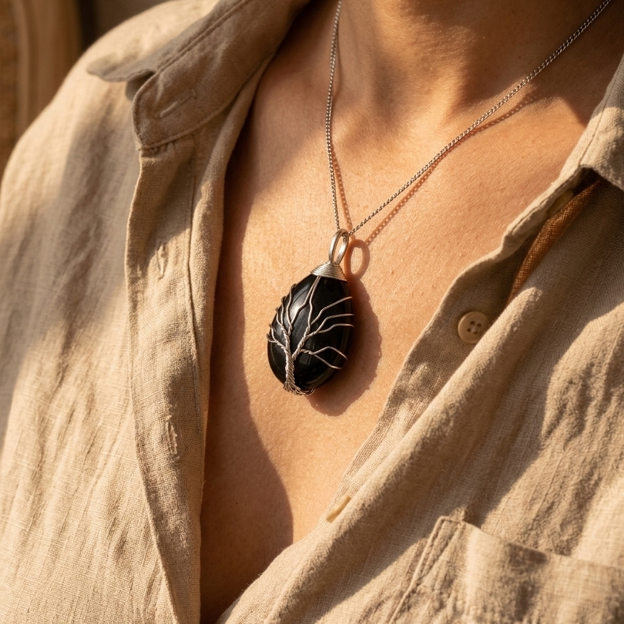 Collier arbre de vie obsidienne noire porte au cou - bijou femme protection