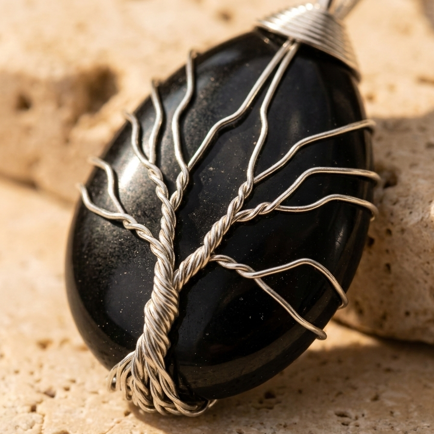 Collier arbre de vie obsidienne noire vue alternative sur pierre calcaire