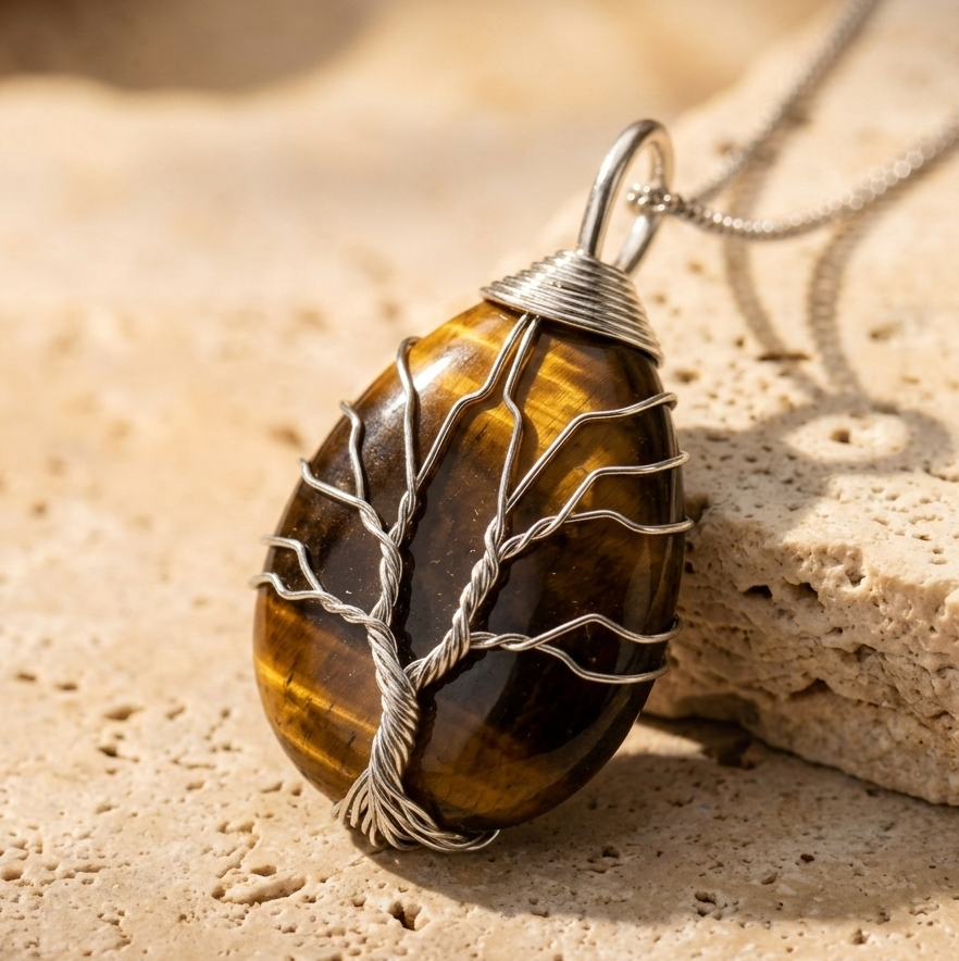 Collier arbre de vie oeil de tigre goutte fil argente sur pierre - lithotherapie
