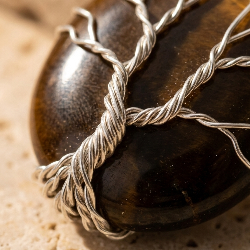 Collier arbre de vie oeil de tigre detail fil argente macro - artisanal