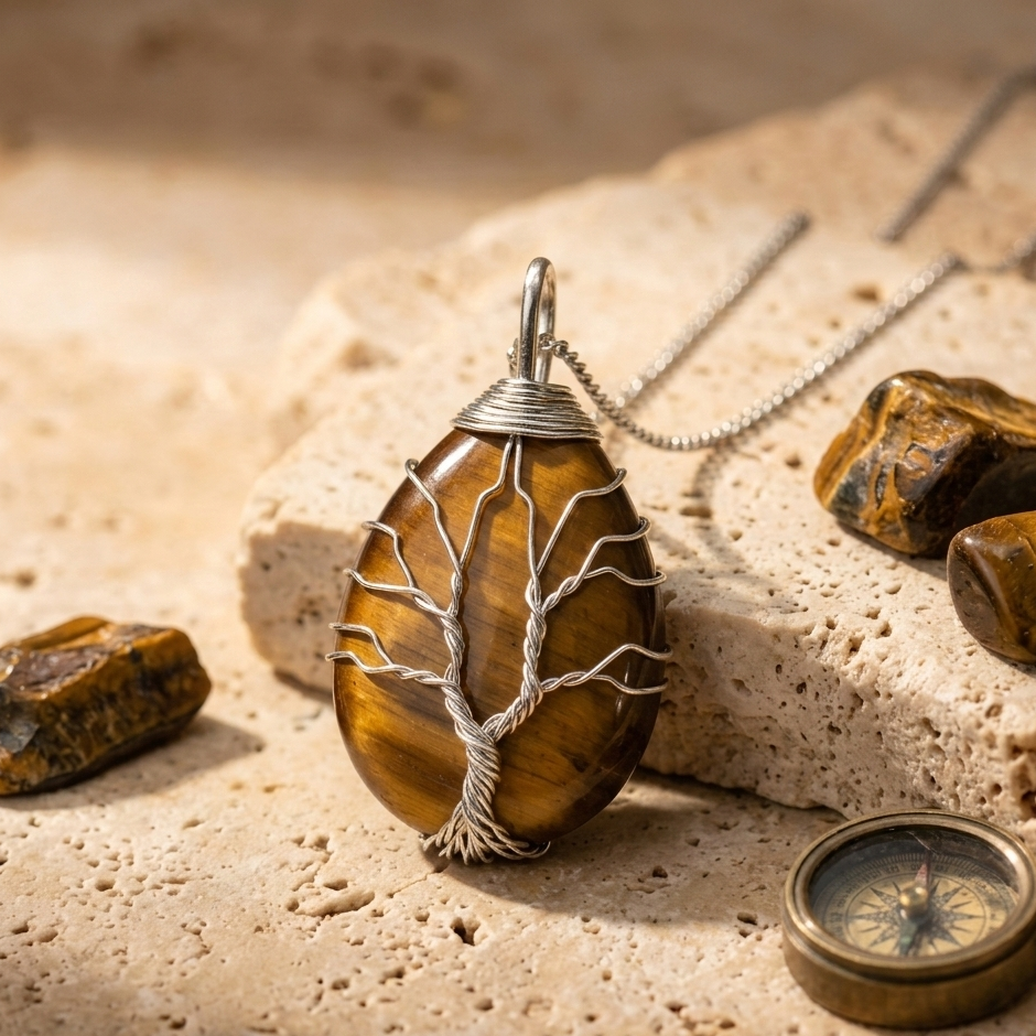 Collier arbre de vie oeil de tigre vue dos chaine argentee - pierre naturelle