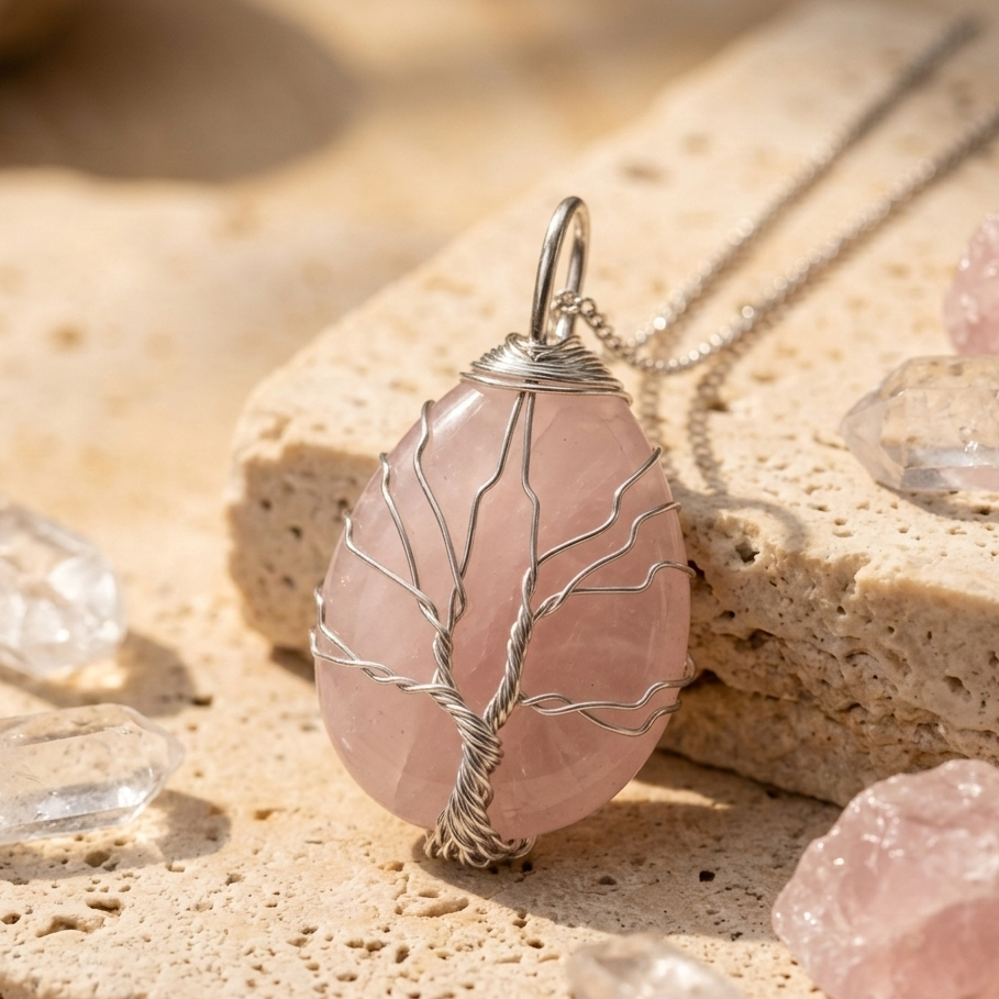 Collier arbre de vie quartz rose goutte fil argente sur pierre - lithotherapie amour