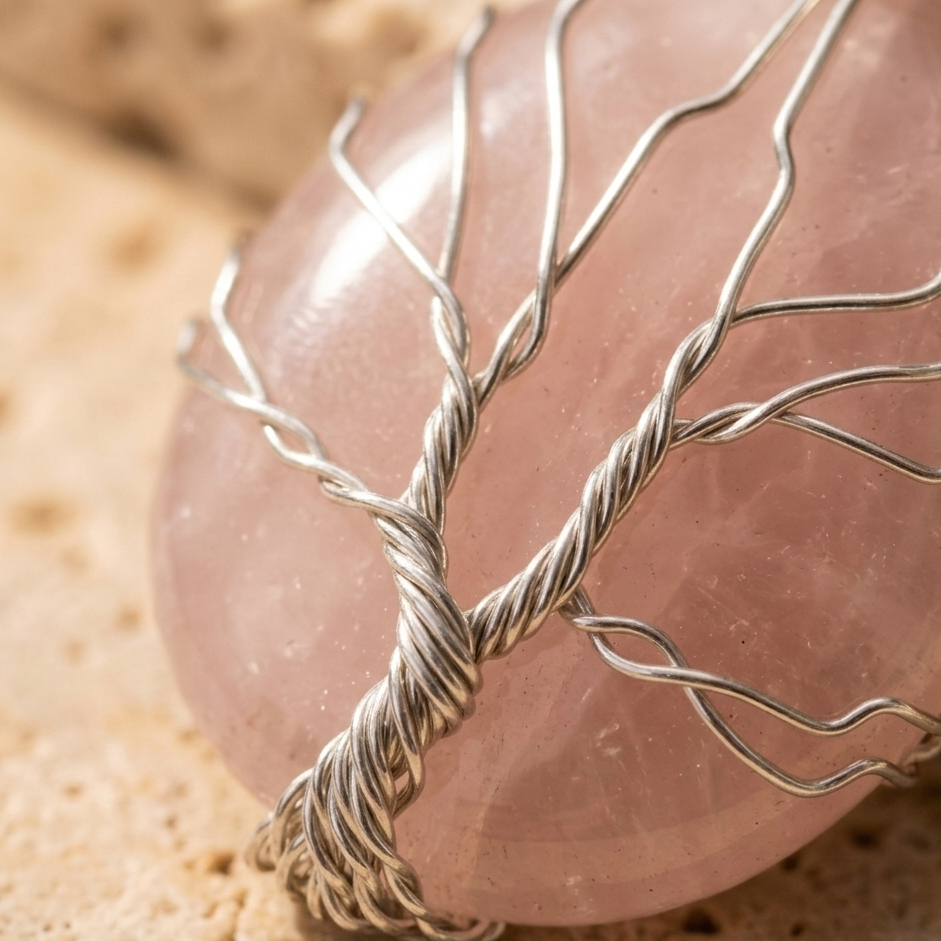 Collier arbre de vie quartz rose porte au cou avec cristaux - bijou femme