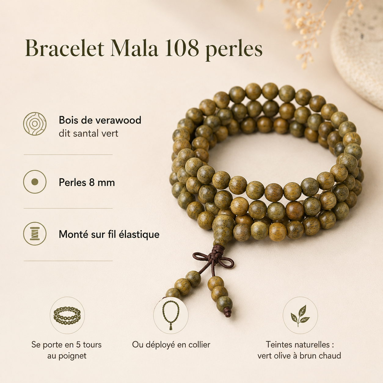 Bracelet Mala 5 Tours 108 Perles Verawood 8 mm