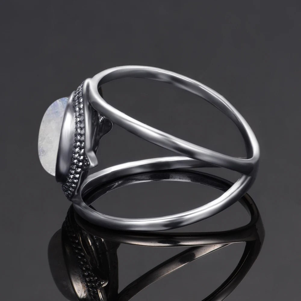 Bague Pierre de Lune Arc-en-Ciel, Ovale Reflets Bleutés