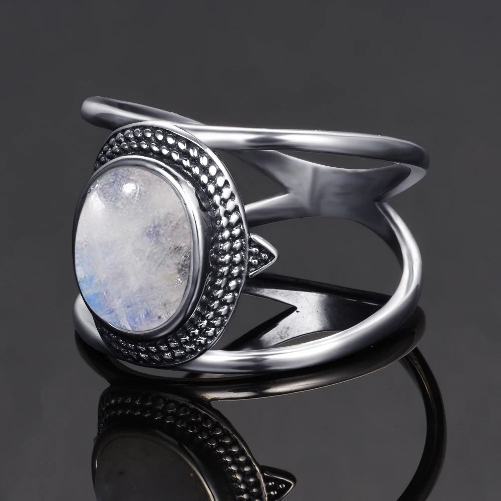 Bague Pierre de Lune Arc-en-Ciel, Ovale Reflets Bleutés