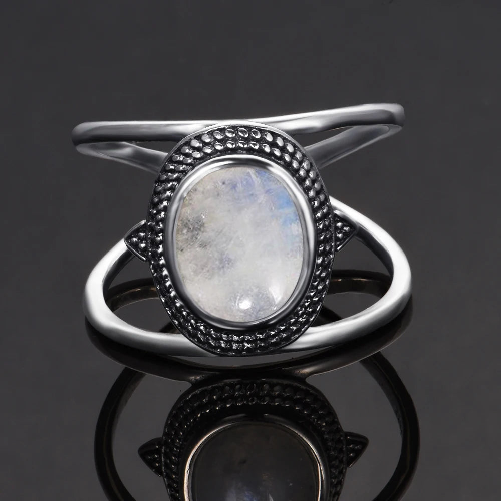 Bague Pierre de Lune Arc-en-Ciel, Ovale Reflets Bleutés