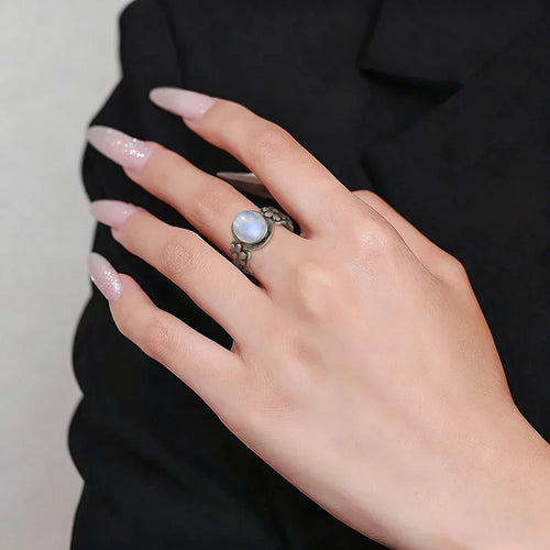Bague Fiançailles Pierre de Lune, Petite Fleur Argentée