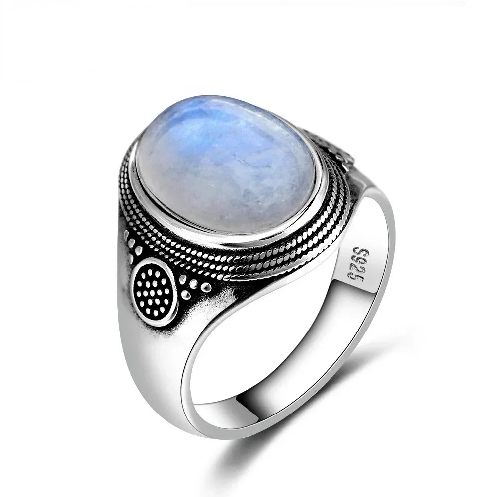 Grosse Bague Pierre de Lune Ovale 10x14 mm, Rétro Argentée