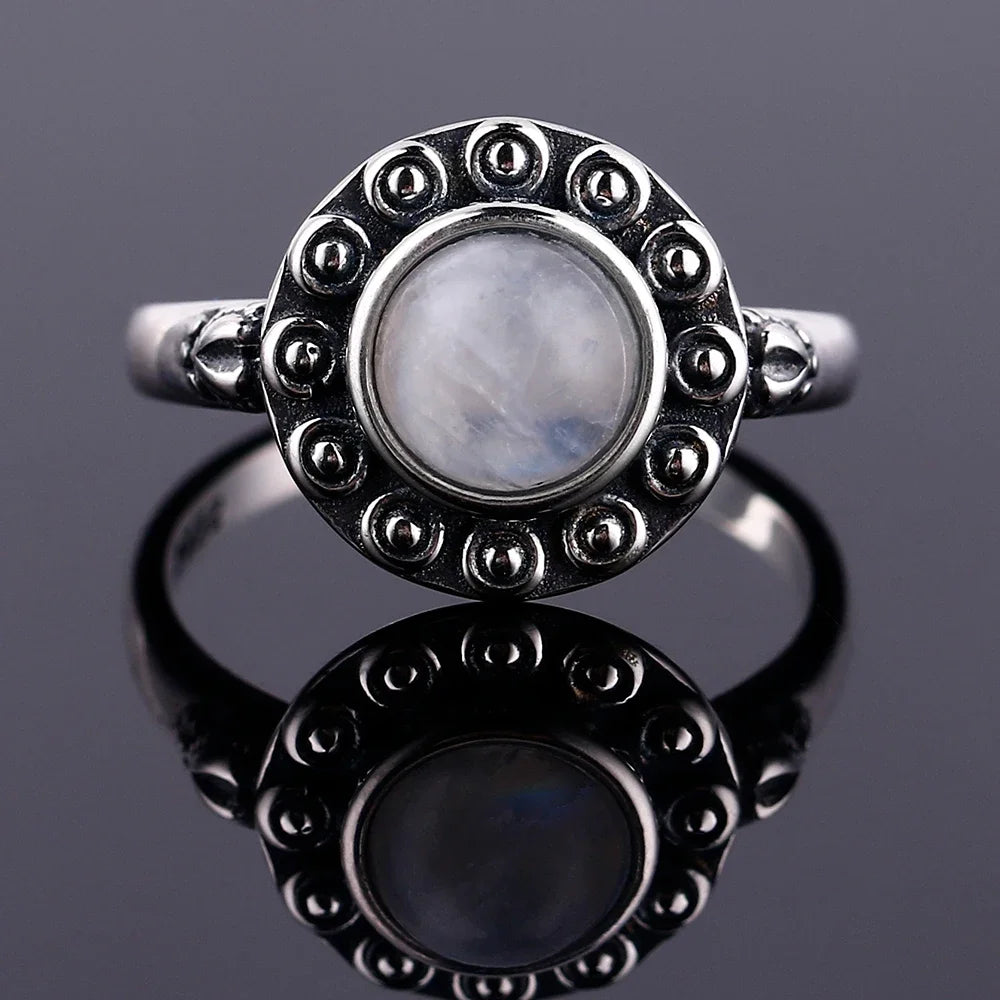 Bague Pierre de Lune Vintage, Grande Pierre Ovale Argentée