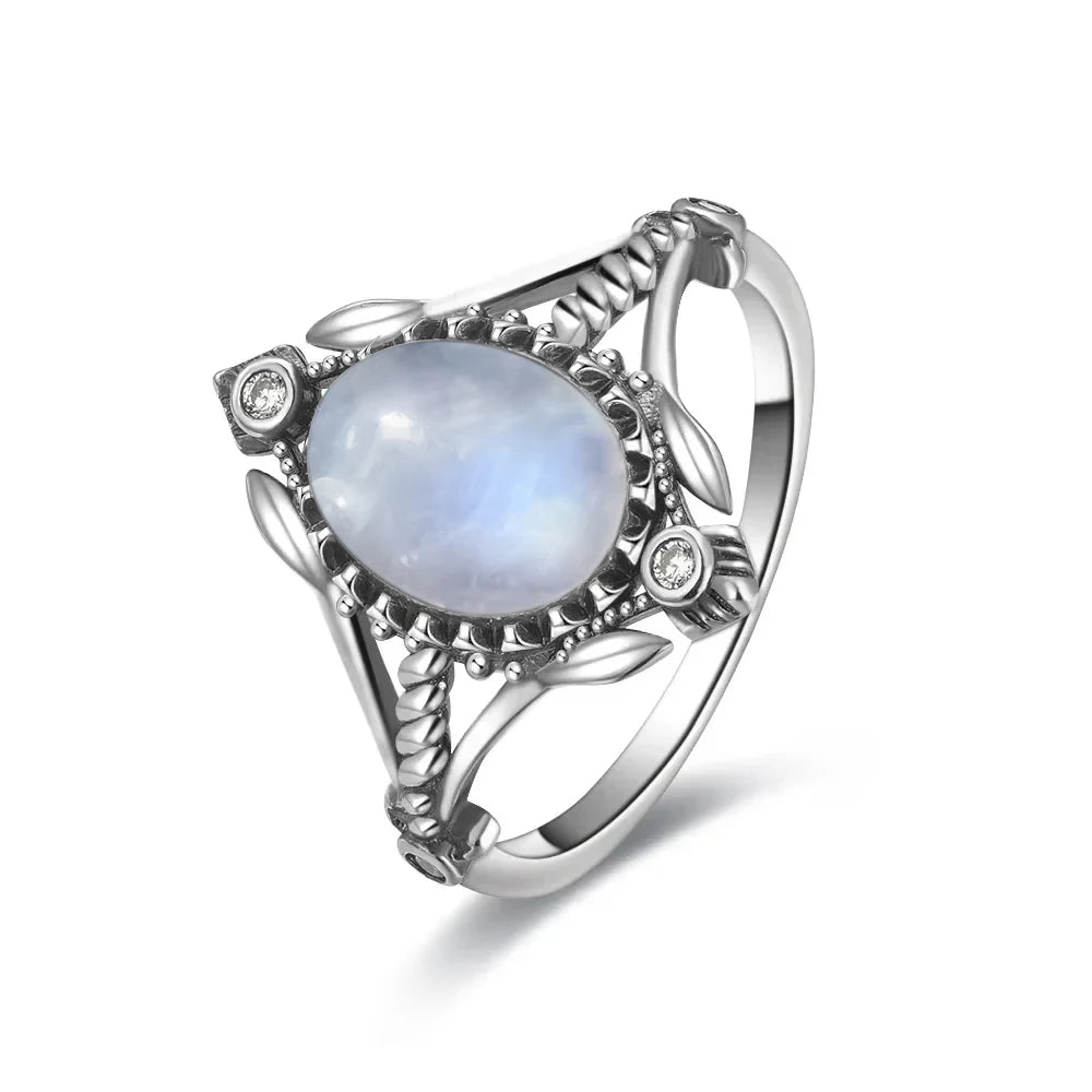 Bague Fiançailles Pierre de Lune, Petite Fleur Argentée