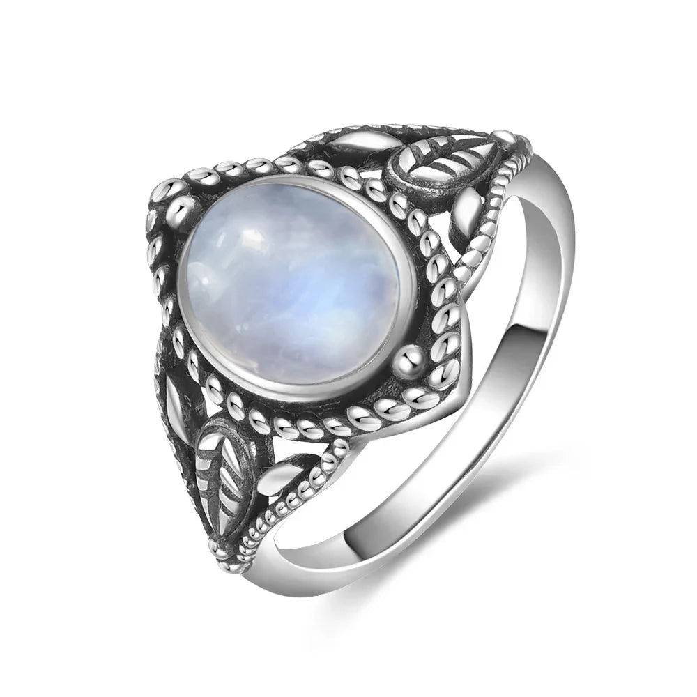 Bague Fiançailles Pierre de Lune, Petite Fleur Argentée