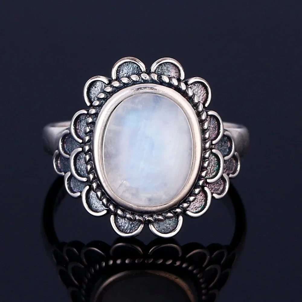 Bague Pierre de Lune Vintage, Grande Pierre Ovale Argentée