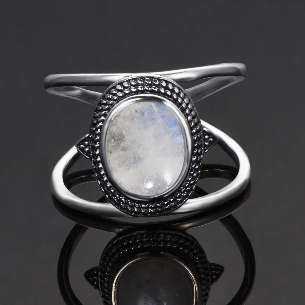 Bague Pierre de Lune Vintage, Grande Pierre Ovale Argentée