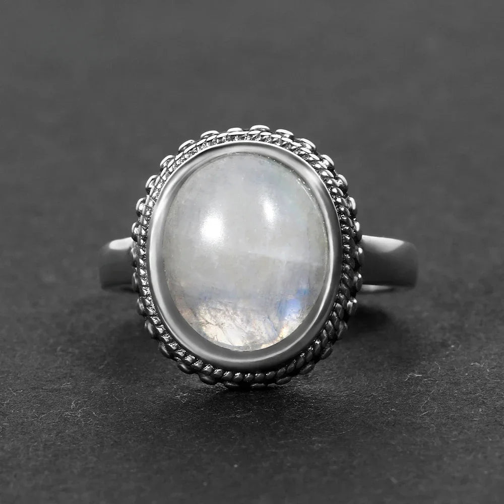 Bague Pierre de Lune Vintage, Grande Pierre Ovale Argentée