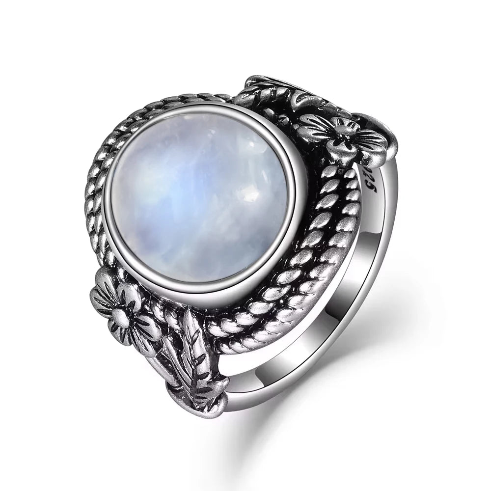 Bague Fiançailles Pierre de Lune, Petite Fleur Argentée