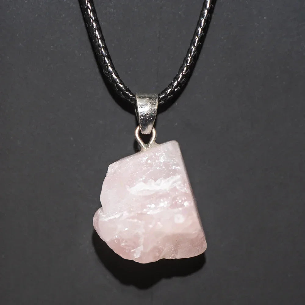Pendentif quartz rose brute naturelle cordon cuir - lithotherapie