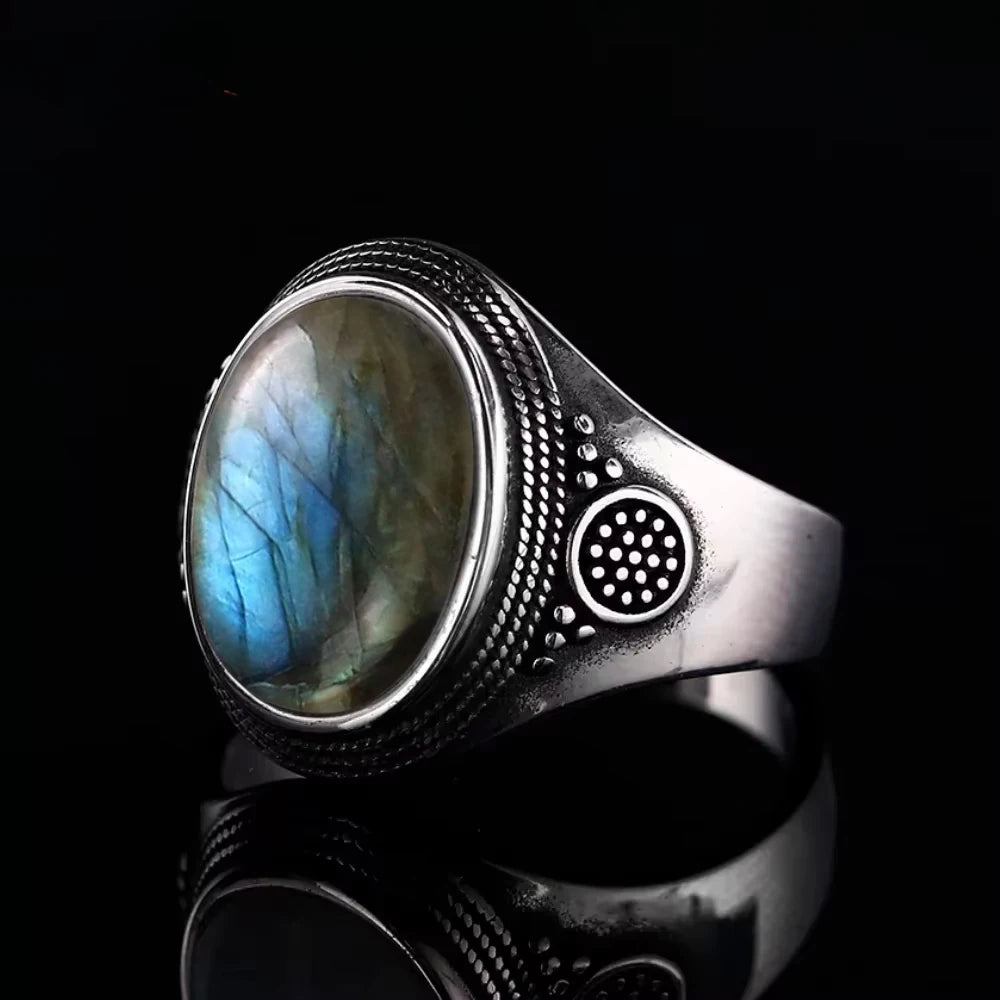 Grosse Bague Pierre de Lune Ovale 10x14 mm, Rétro Argentée