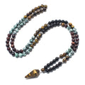 Collier bouddhiste 108 perles en œil de tigre et turquoise africaine
