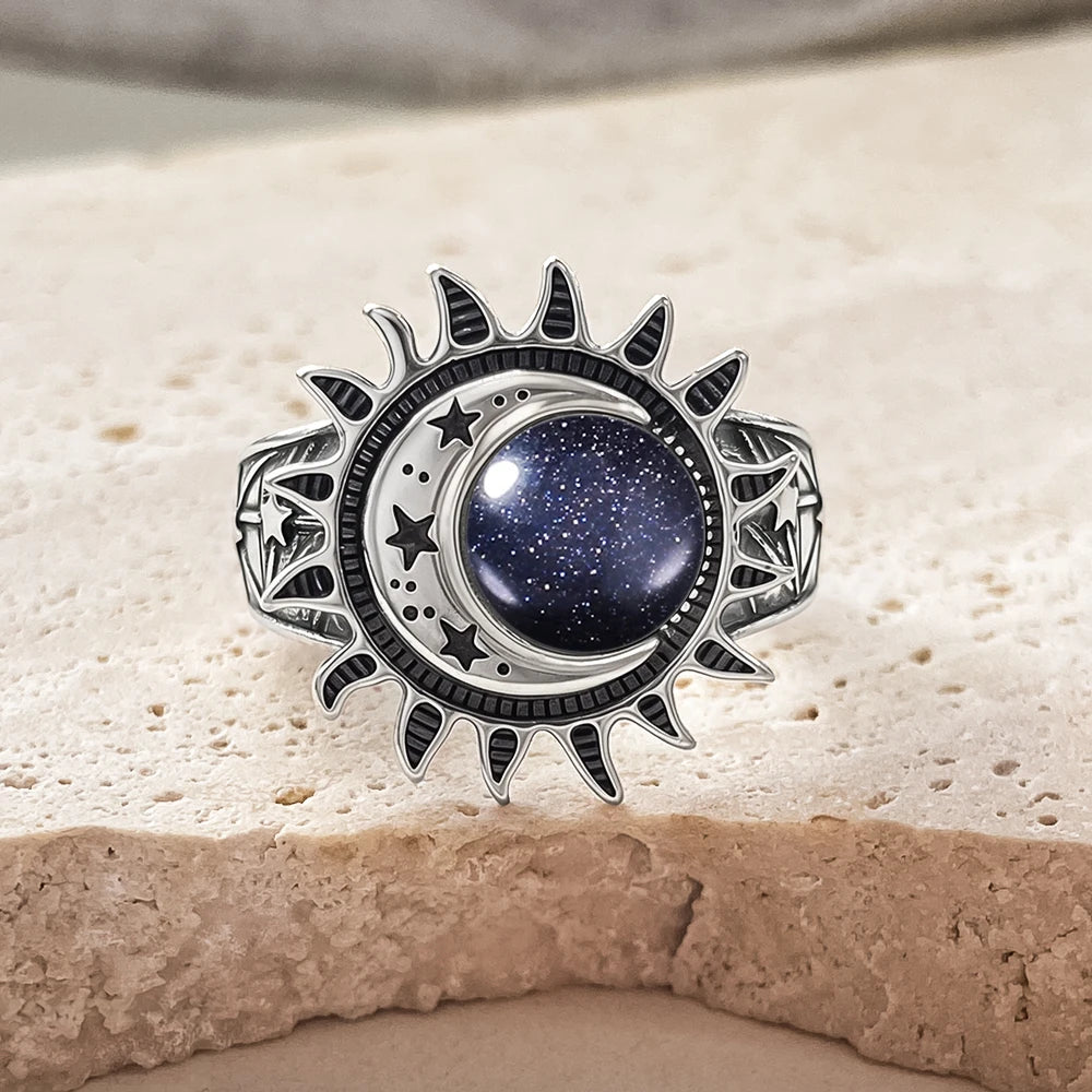 Bague Cabochon Pierre de Lune 8 mm, Lune et Étoile