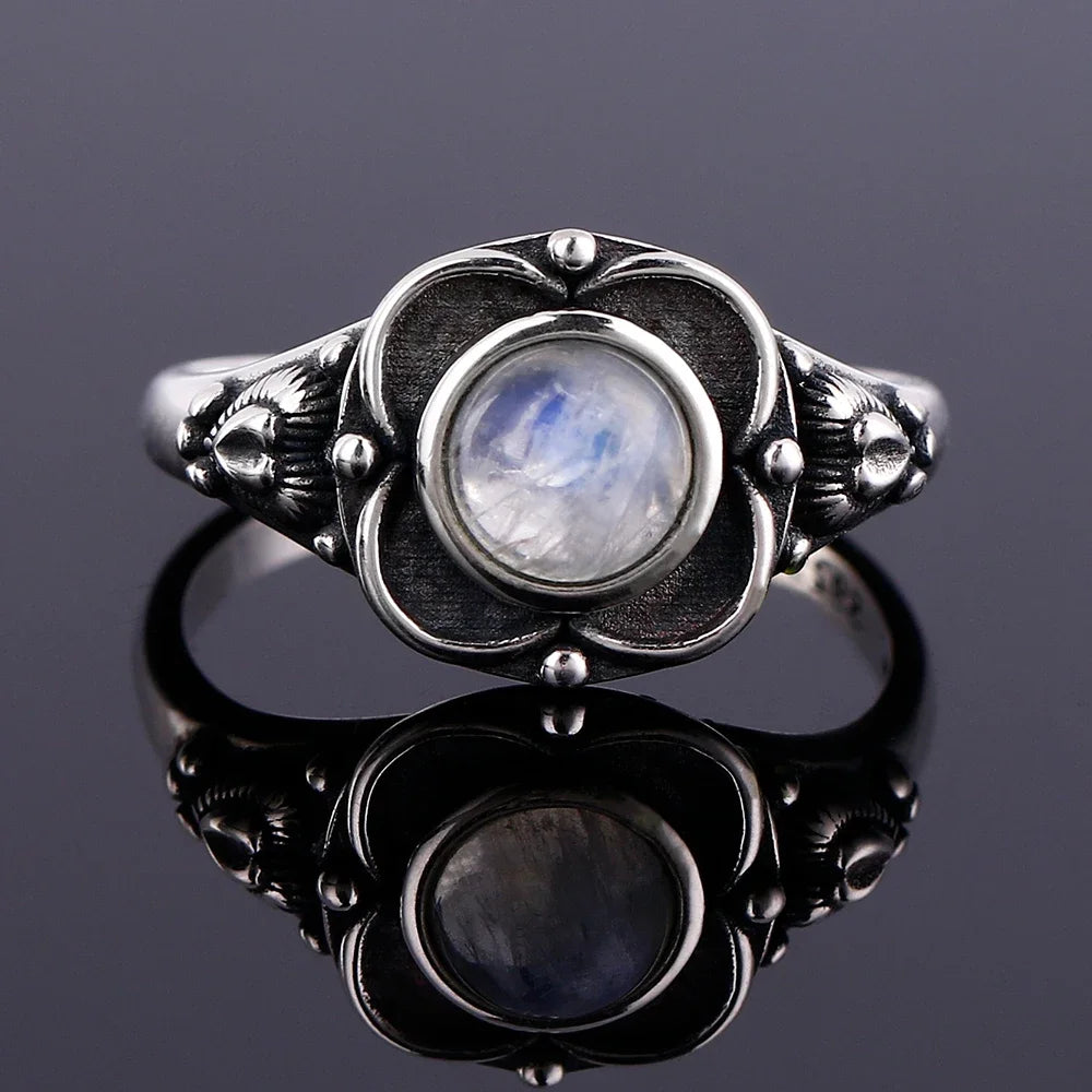 Bague Pierre de Lune Vintage, Grande Pierre Ovale Argentée