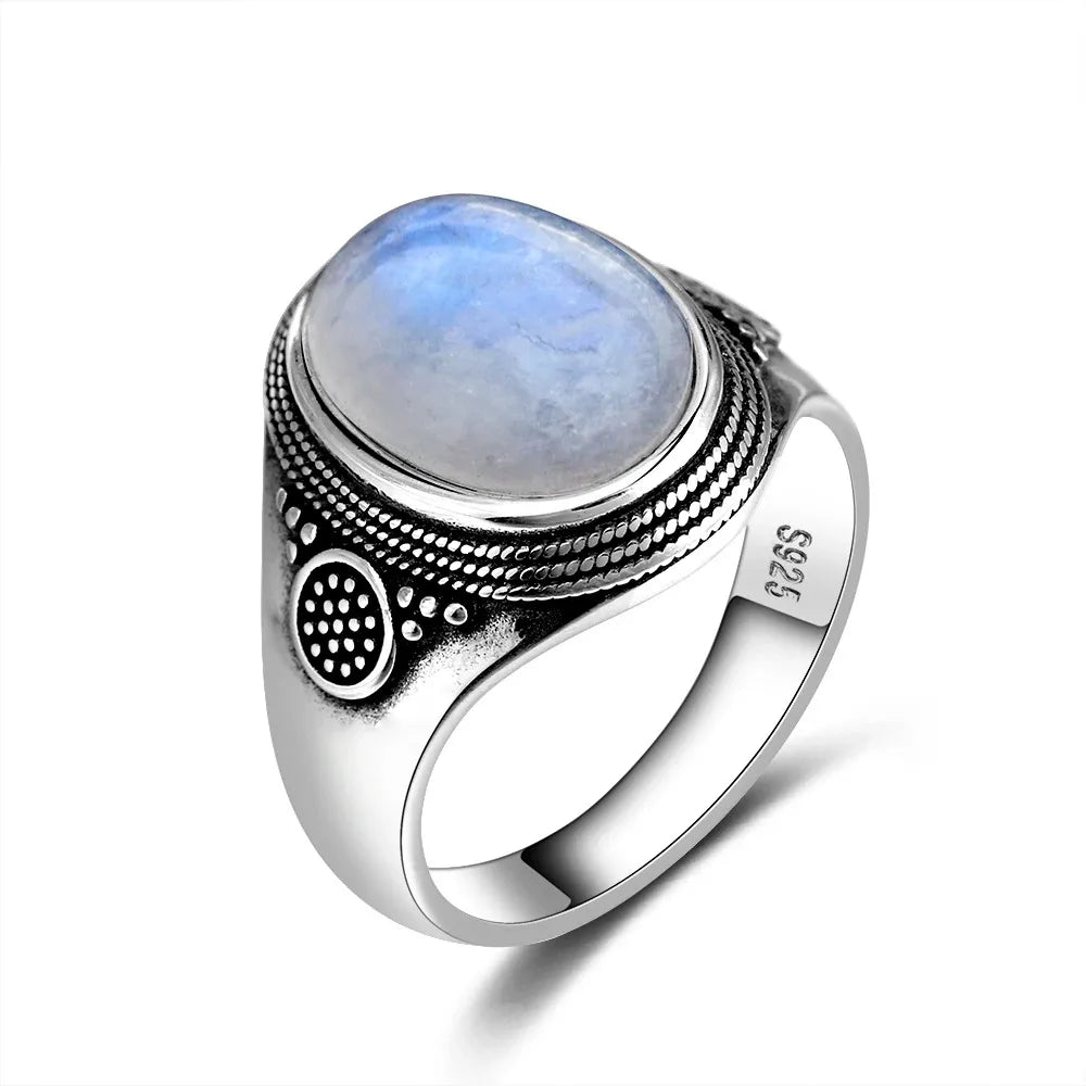 Grosse Bague Pierre de Lune Ovale 10x14 mm, Rétro Argentée