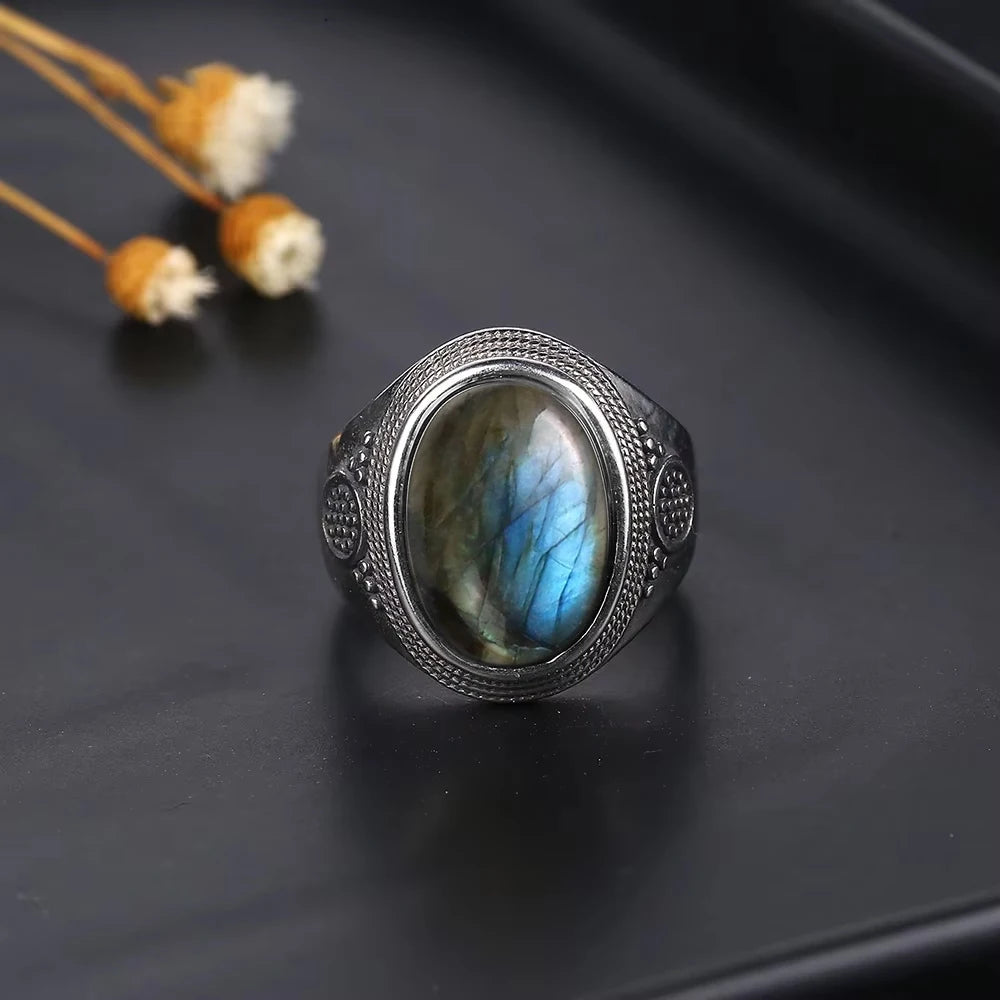 Grosse Bague Pierre de Lune Ovale 10x14 mm, Rétro Argentée