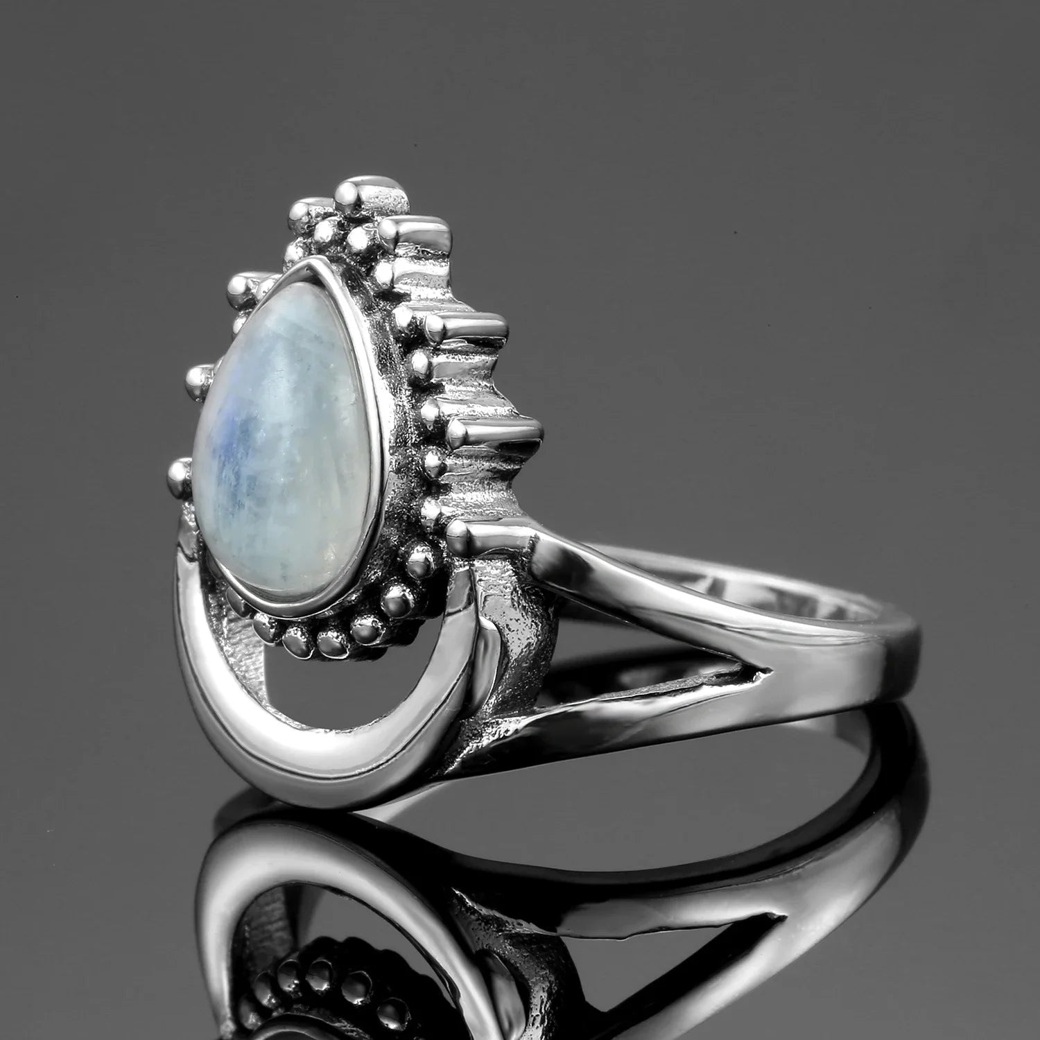 Bague Pierre de Lune Vintage, Grande Pierre Ovale Argentée
