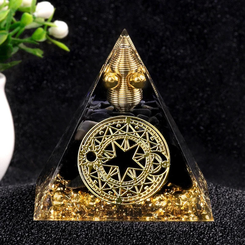 Pyramide orgonite arbre de vie agate noire 60mm - protection lithotherapie