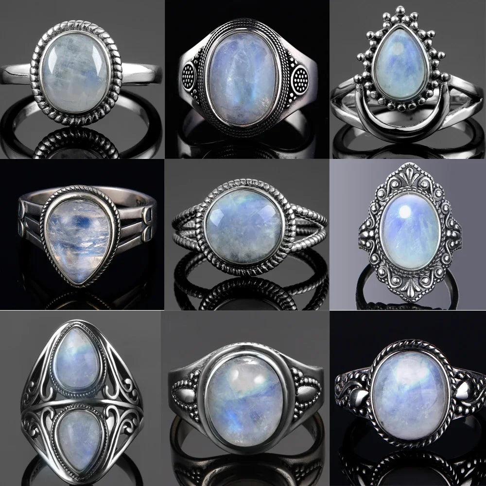 Bague Pierre de Lune Vintage, Grande Pierre Ovale Argentée