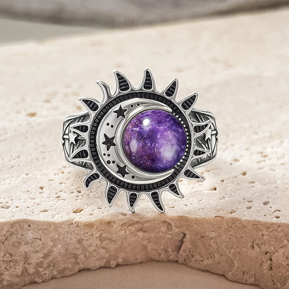 Bague Cabochon Pierre de Lune 8 mm, Lune et Étoile