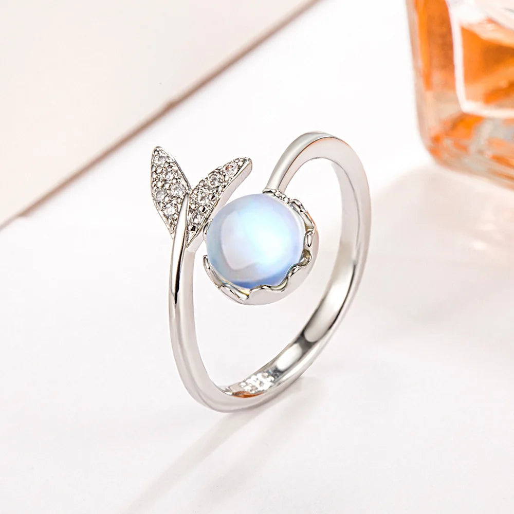 Bague Ajustable Pierre de Lune, Anneau Ouvert Argenté