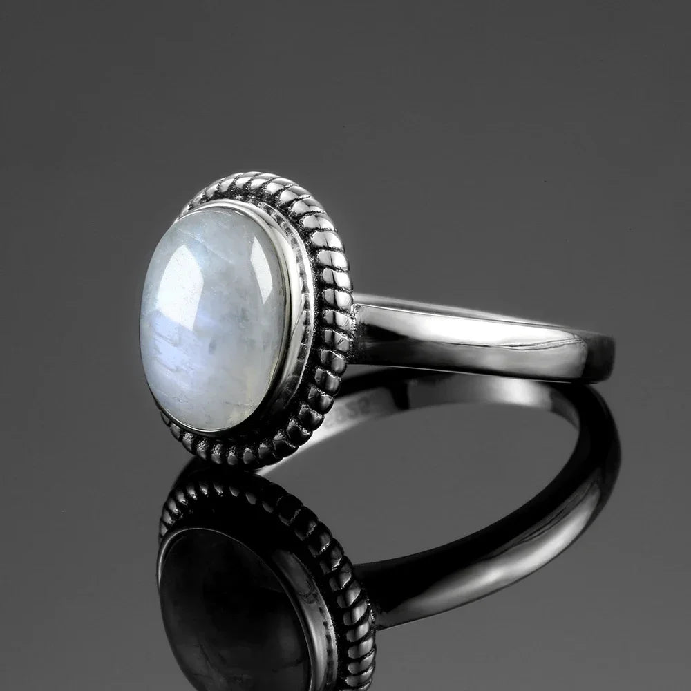Bague Pierre de Lune Vintage, Grande Pierre Ovale Argentée