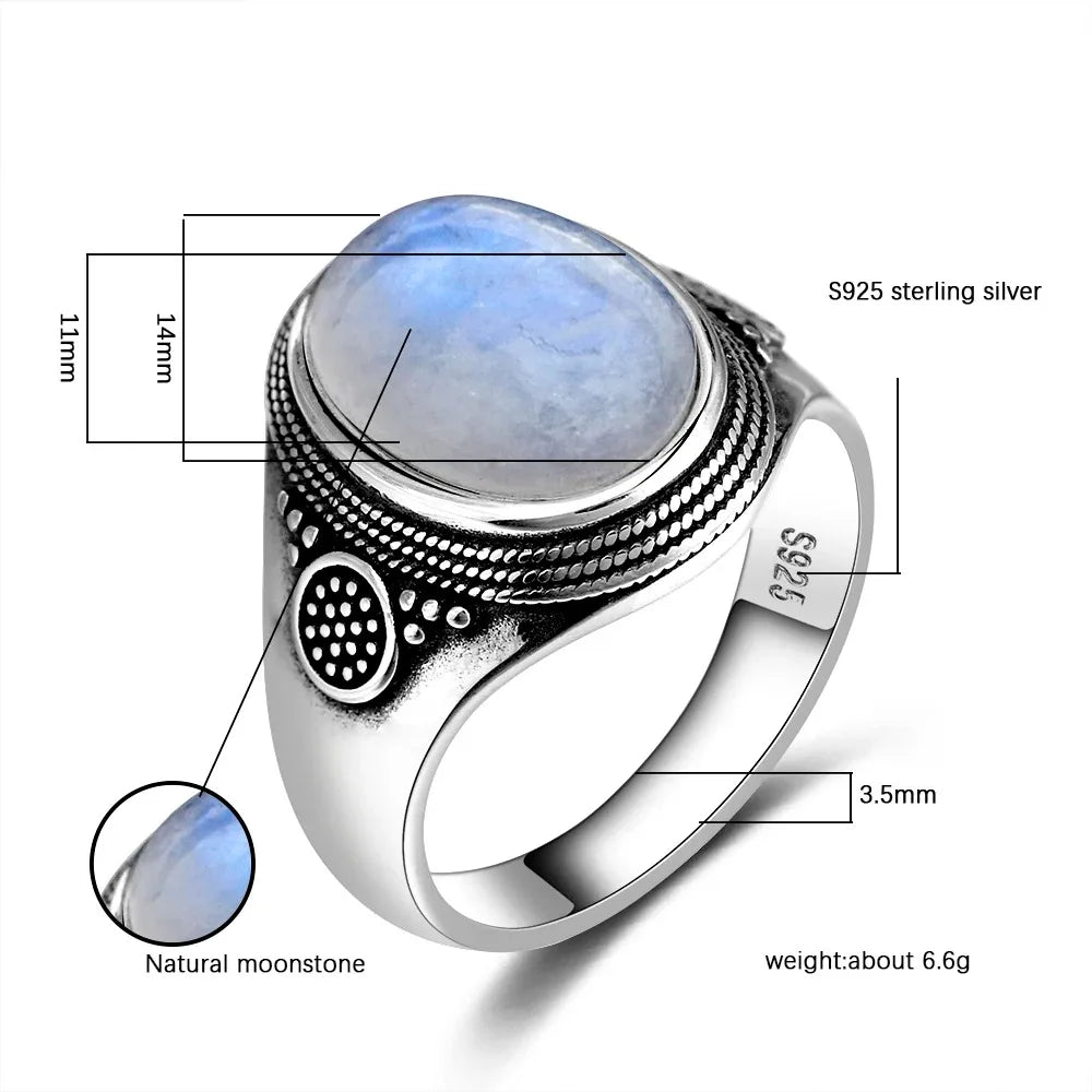 Grosse Bague Pierre de Lune Ovale 10x14 mm, Rétro Argentée