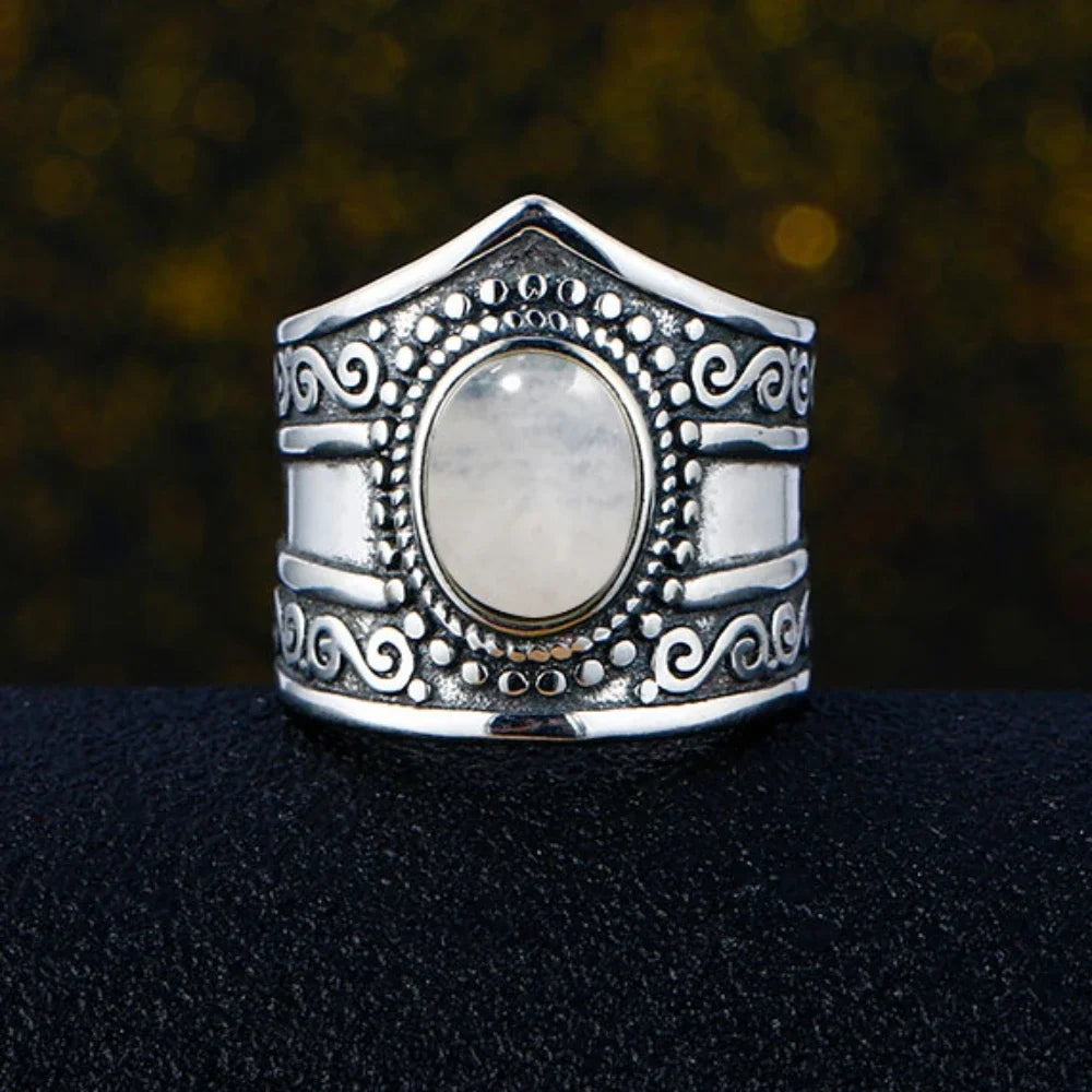 Bague Pierre de Lune Vintage, Grande Pierre Ovale Argentée