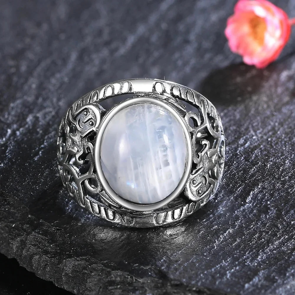 Bague Pierre de Lune Vintage, Grande Pierre Ovale Argentée
