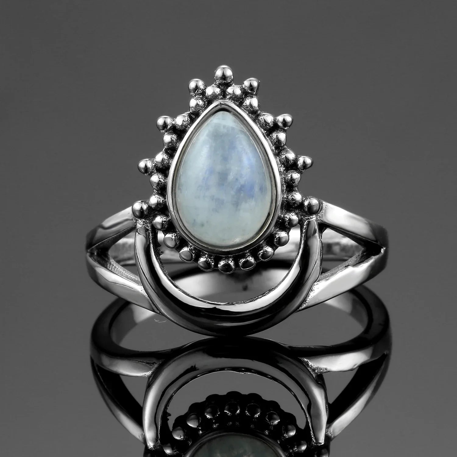 Bague Pierre de Lune Vintage, Grande Pierre Ovale Argentée