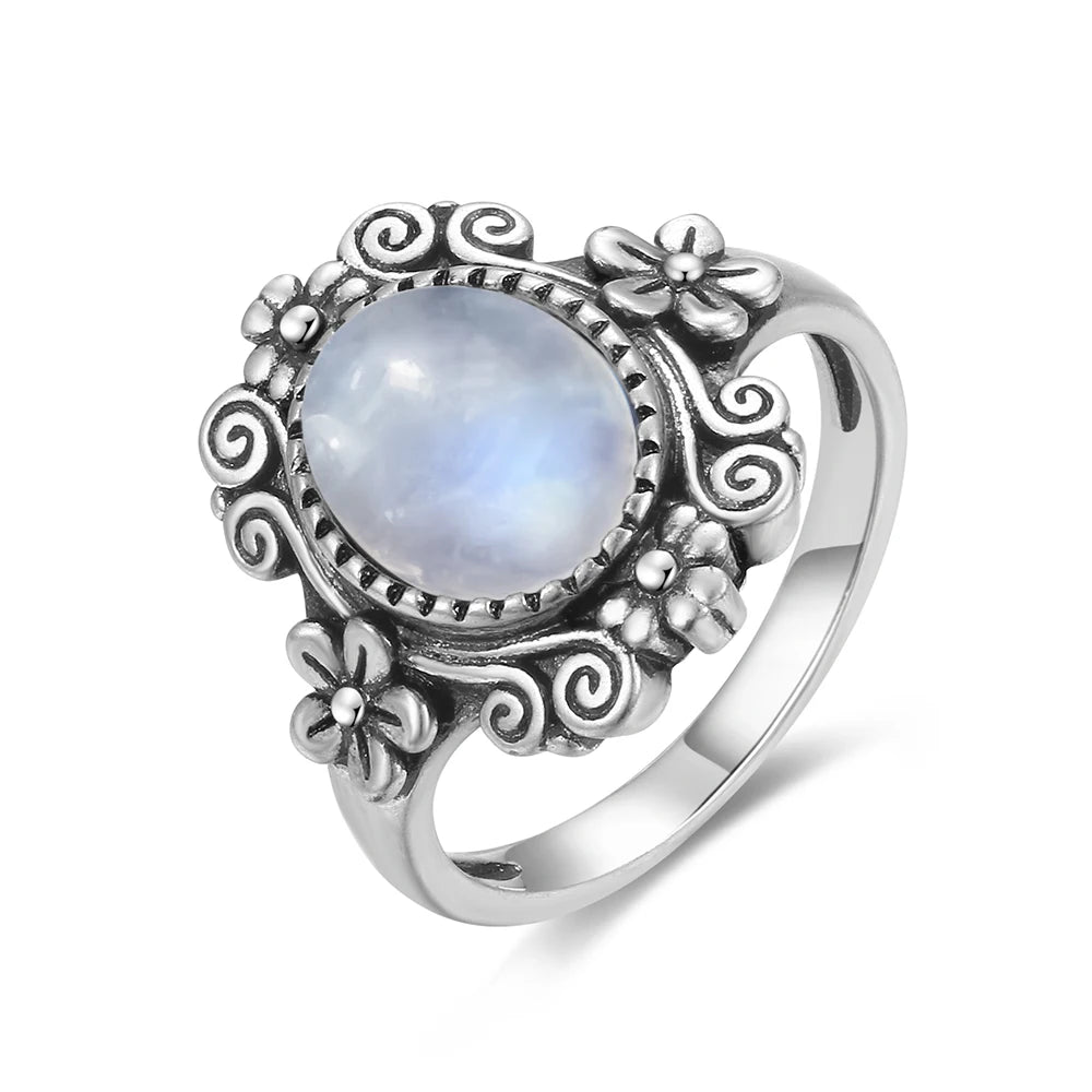 Bague Fiançailles Pierre de Lune, Petite Fleur Argentée