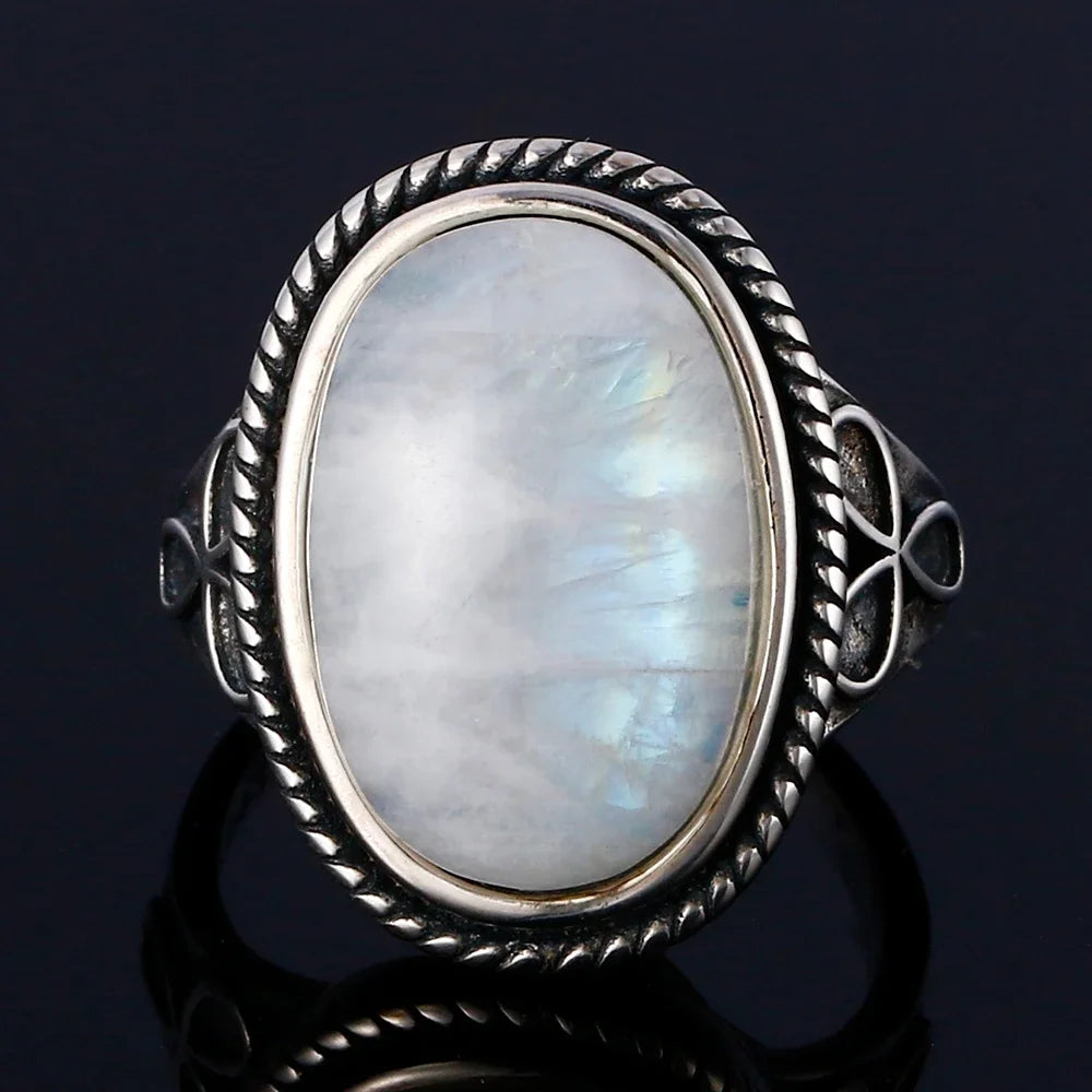 Bague Pierre de Lune Vintage, Grande Pierre Ovale Argentée