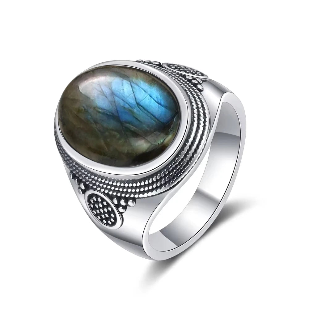 Grosse Bague Pierre de Lune Ovale 10x14 mm, Rétro Argentée